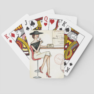 Fashionable Woman Drinking Wine Poker Cards
