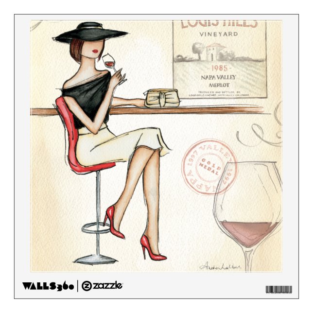 Fashionable Woman Drinking Wine Wall Decal (Front)
