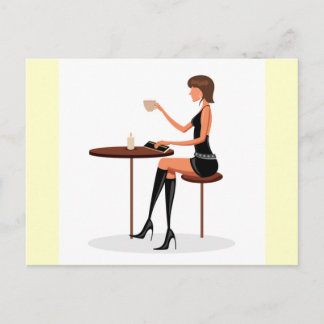 FASHIONABLE WOMAN PARIS COFFEE CAFE BLACK LEATHER POSTCARD