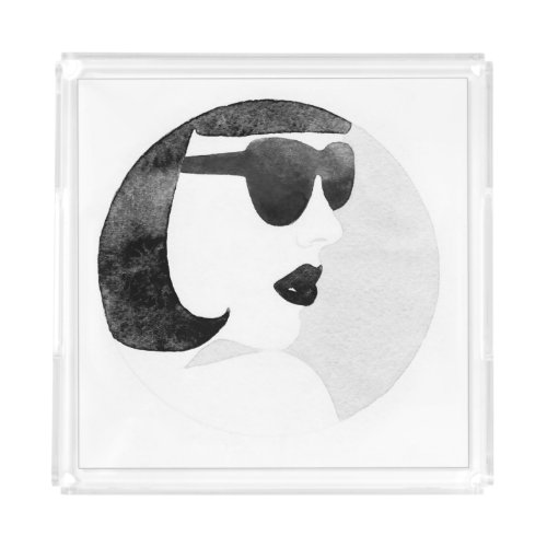 Fashionable Woman Sunglasses Illustration Acrylic Tray