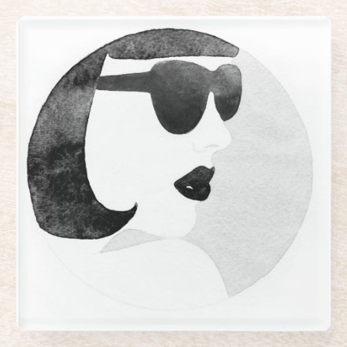 Fashionable Woman Sunglasses Illustration Glass Coaster