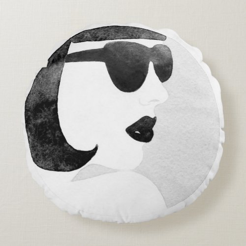 Fashionable Woman Sunglasses Illustration Round Pillow