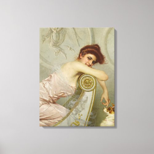 Fashionably Beautiful Woman Teasing Her Puppy Dog  Canvas Print