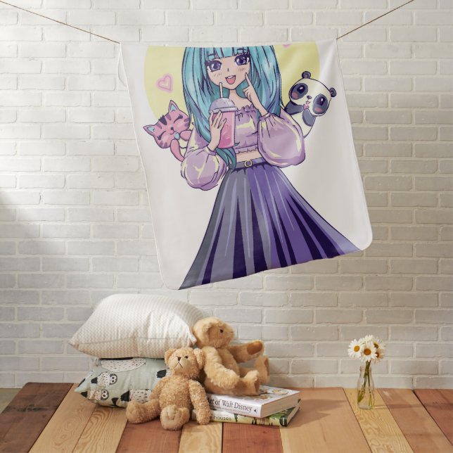 Fashionista: Blue-Haired Girl with Panda and Cat Baby Blanket (In Situ)