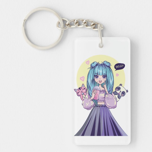 Fashionista: Blue-Haired Girl with Panda and Cat Keychain (Front)