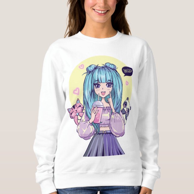 Fashionista: Blue-Haired Girl with Panda and Cat Sweatshirt (Front)