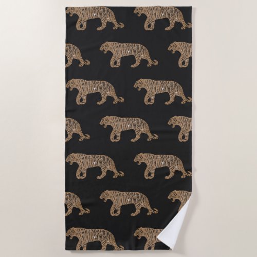 Fashionista Gold Black Glitter Tiger Pattern Beach Towel