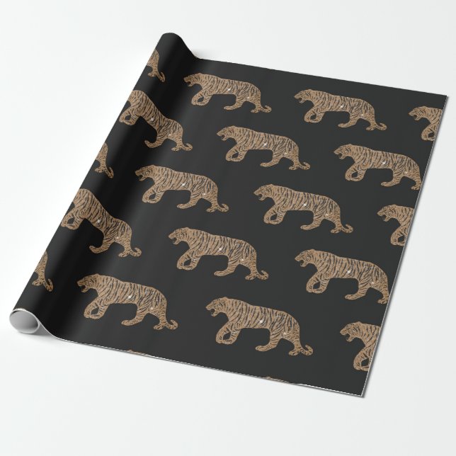 Fashionista Gold Black Glitter Tiger Pattern Wrapping Paper (Unrolled)