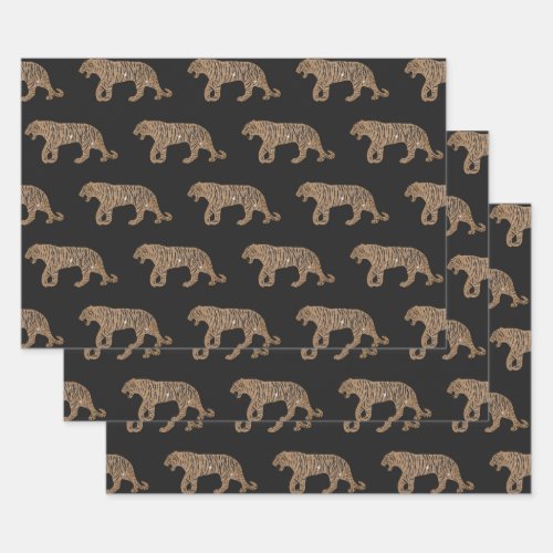 Fashionista Gold Black Glitter Tiger Pattern Wrapping Paper Sheets