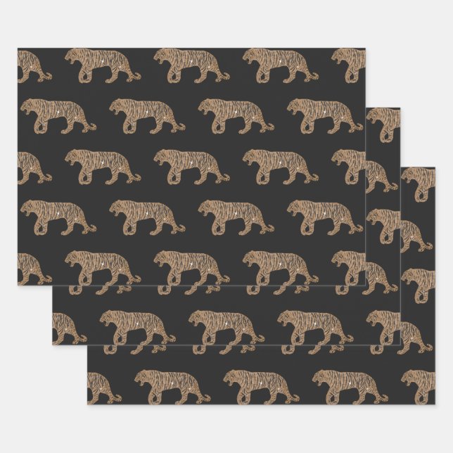 Fashionista Gold Black Glitter Tiger Pattern Wrapping Paper Sheets (Set)