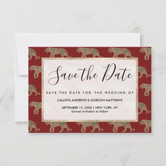 Fashionista Gold Black Red Glitter Tiger Pattern Save The Date (Front)