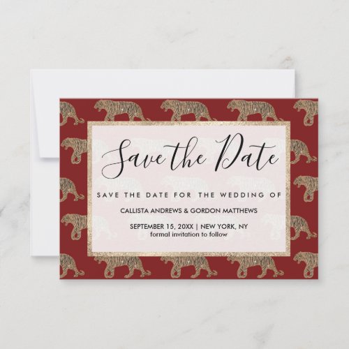 Fashionista Gold Black Red Glitter Tiger Pattern Save The Date