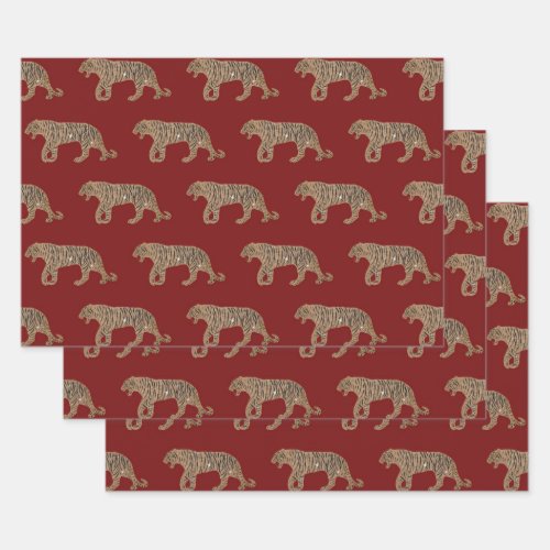 Fashionista Gold Black Red Glitter Tiger Pattern Wrapping Paper Sheets