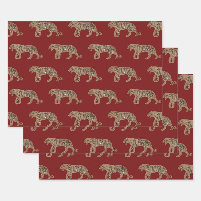 Fashionista Gold Black Red Glitter Tiger Pattern Wrapping Paper Sheets (Set)