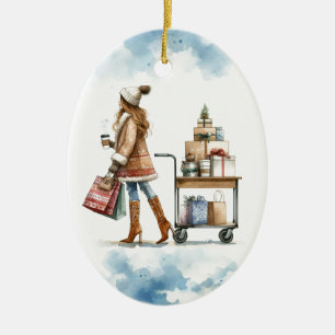 Fashionista Holiday Shop Coffee Cart Personalized Ceramic Ornament