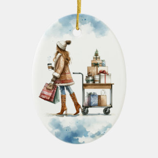 Fashionista Holiday Shop Coffee Cart Personalized Ceramic Ornament