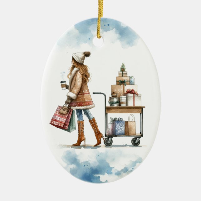 Fashionista Holiday Shop Coffee Cart Personalized Ceramic Ornament (Front)