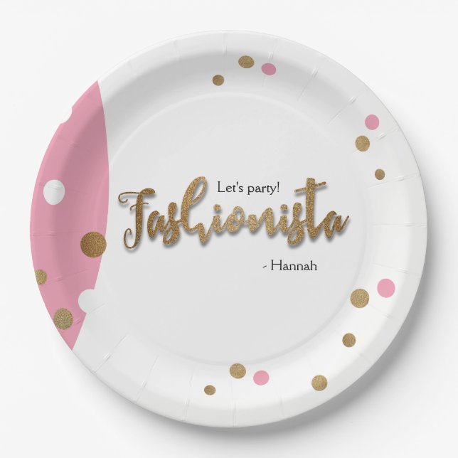 Fashionista Pink Gold confetti Birthday theme Paper Plates (Front)