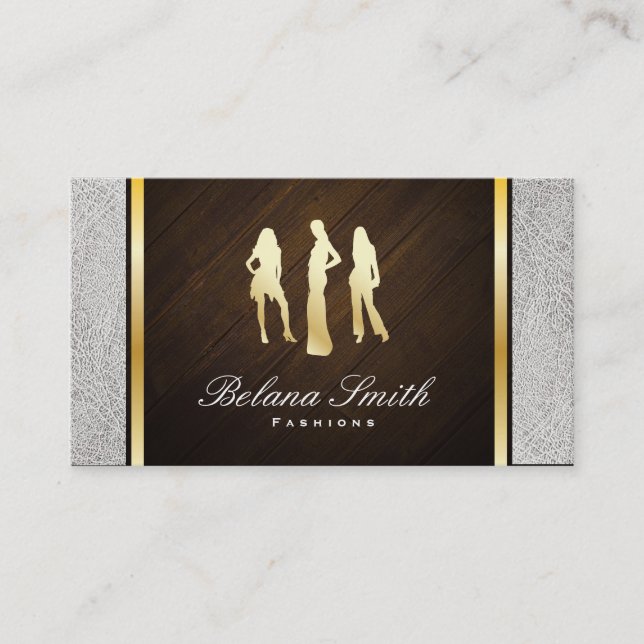 Fashions / White Leather & Wood / Gold Trim Business Card (Front)