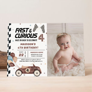 Fast And Curious Brown Race Car 4th Birthday Photo Invitation
