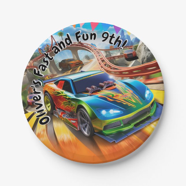 Fast and Fun Birthday, Race cars Birthday Paper Plates (Front)