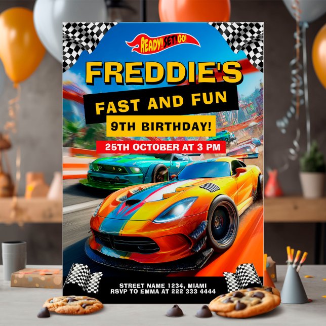 Fast and fun race car birthday party sports cars invitation (Creator Uploaded)