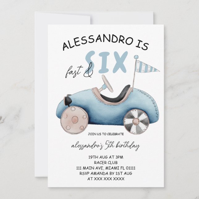 Fast and Six Retro Race Car 6th Birthday Invitation (Front)