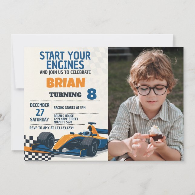 Fast Cars Birthday Invitation with photo (Front)
