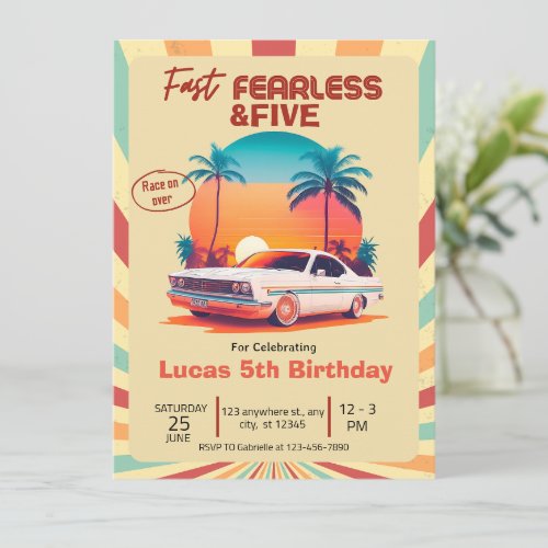 Fast Fearless  FIVE  Retro Racing Car  Invitation