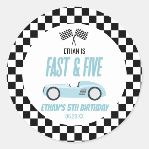 Fast  Five Blue Race Car 5th Birthday Party Classic Round Sticker