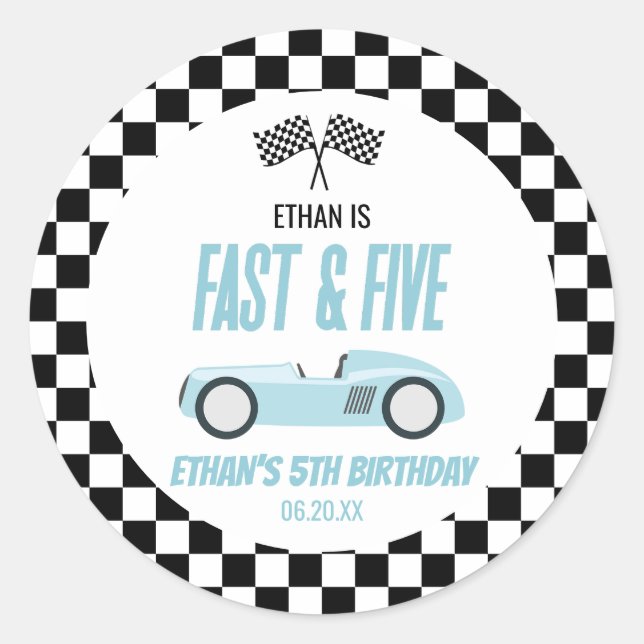Fast & Five Blue Race Car 5th Birthday Party Classic Round Sticker (Front)