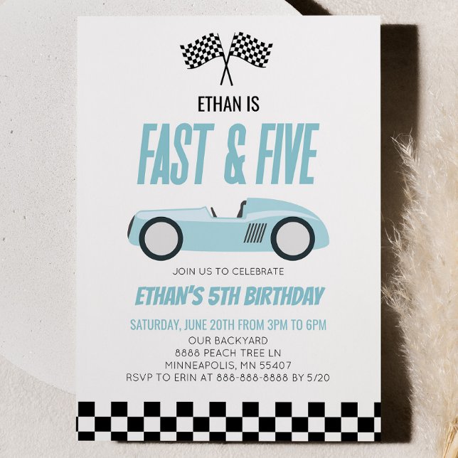 Fast & Five Blue Race Car 5th Birthday Party Invitation (Creator Uploaded)