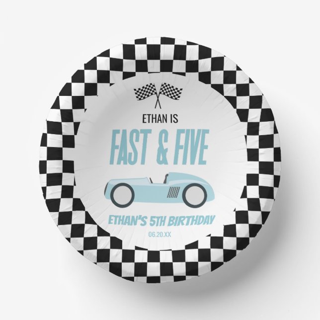Fast & Five Blue Race Car 5th Birthday Party Paper Bowls (Front)