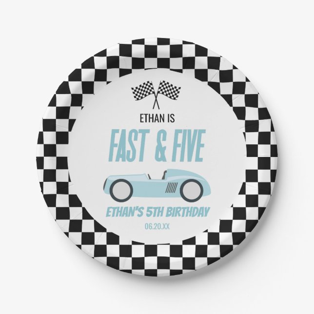 Fast & Five Blue Race Car 5th Birthday Party Paper Plates (Front)