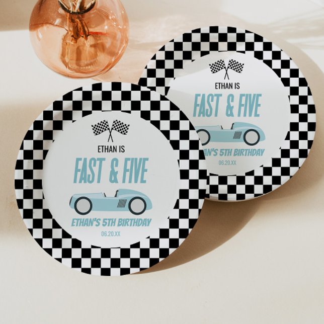 Fast & Five Blue Race Car 5th Birthday Party Paper Plates (Creator Uploaded)