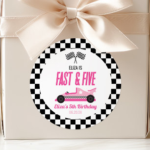 Fast & Five Pink Race Car 5th Birthday Party Classic Round Sticker