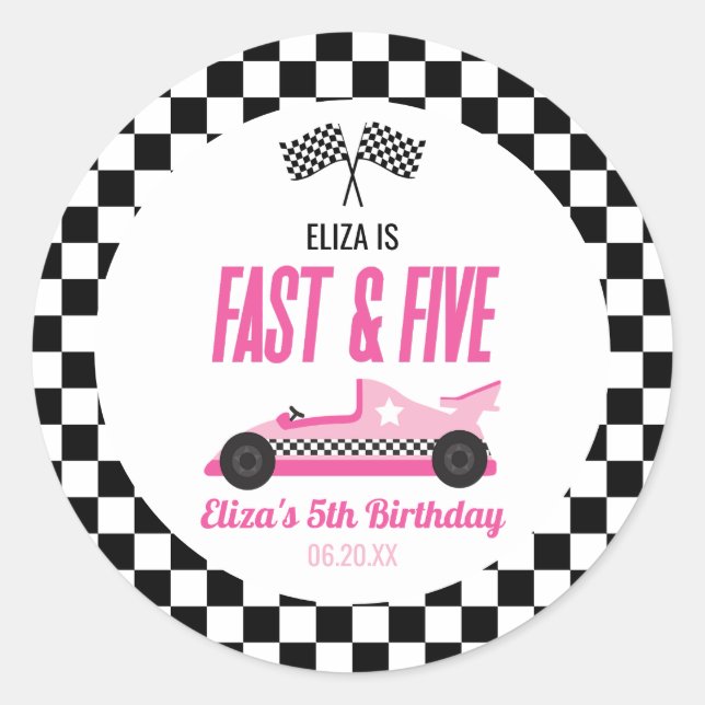 Fast & Five Pink Race Car 5th Birthday Party Classic Round Sticker (Front)
