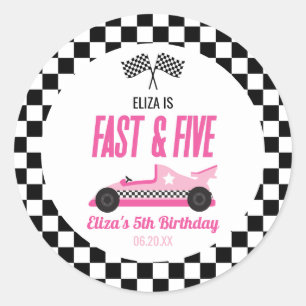 Fast & Five Pink Race Car 5th Birthday Party Classic Round Sticker