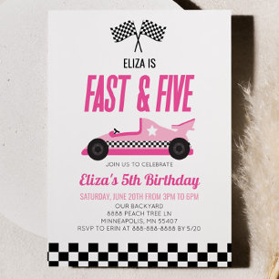 Fast & Five Pink Race Car 5th Birthday Party Invitation