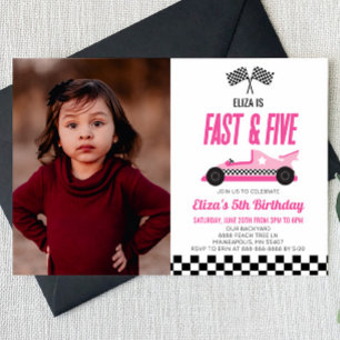 Fast & Five Pink Race Car 5th Birthday Party Invitation