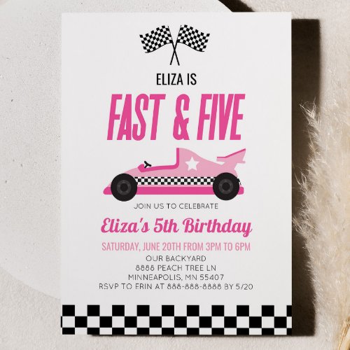 Fast  Five Pink Race Car 5th Birthday Party Invitation