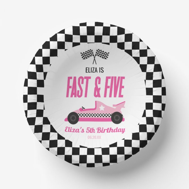 Fast & Five Pink Race Car 5th Birthday Party Paper Bowls (Front)