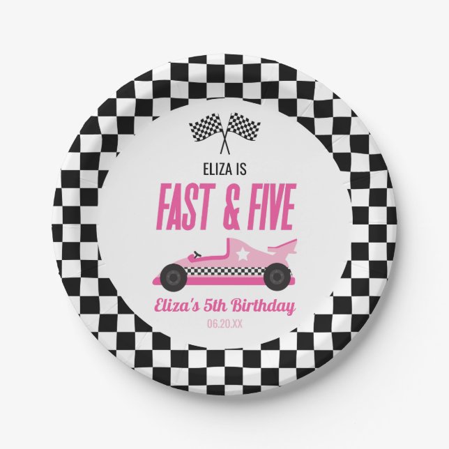 Fast & Five Pink Race Car 5th Birthday Party Paper Plates (Front)