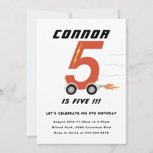 Fast Five Race Car Fifth Birthday Party Invitation