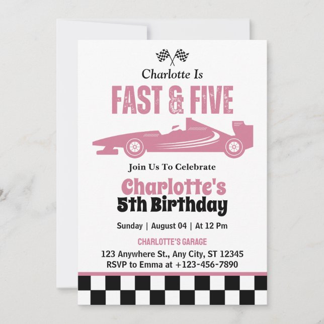 Fast & Five Race Car Gir 5th Birthday Party  Invitation (Front)
