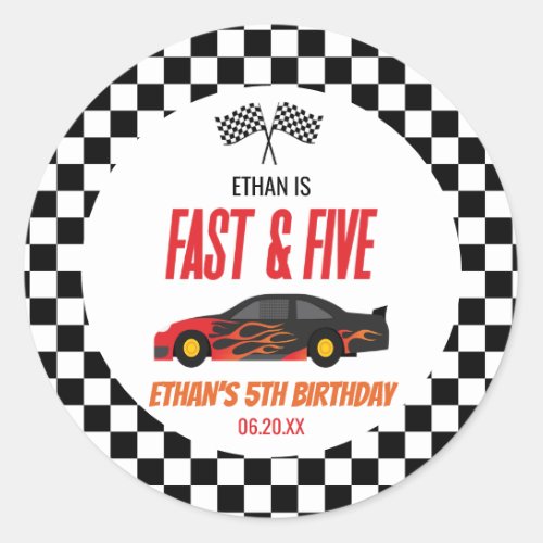 Fast  Five Red Flame Race Car 5th Birthday Party Classic Round Sticker