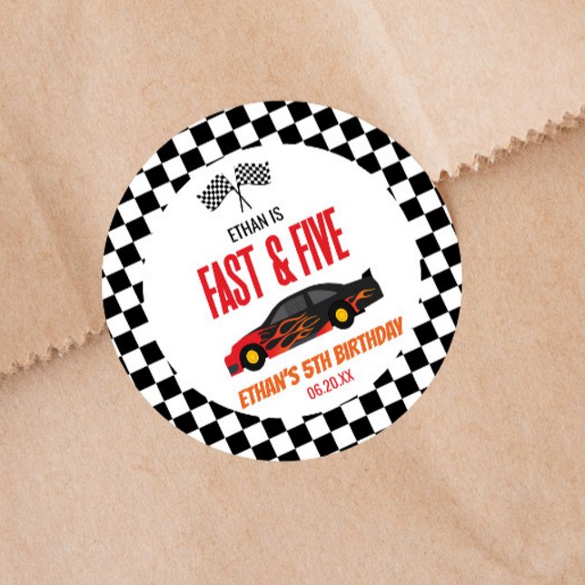 Fast & Five Red Flame Race Car 5th Birthday Party Classic Round Sticker (Creator Uploaded)