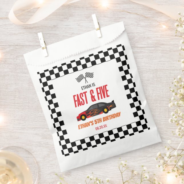 Fast & Five Red Flame Race Car 5th Birthday Party Favor Bag (Clipped)