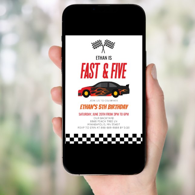 Fast & Five Red Flame Race Car 5th Birthday Party Invitation (Front Digital)