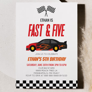 Fast & Five Red Flame Race Car 5th Birthday Party Invitation